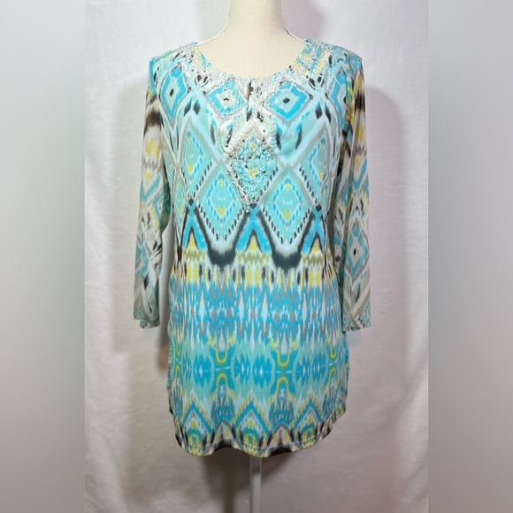 INC International Concepts Multicolor Top Size L Tunic with Beaded Neckline - Picture 2 of 6